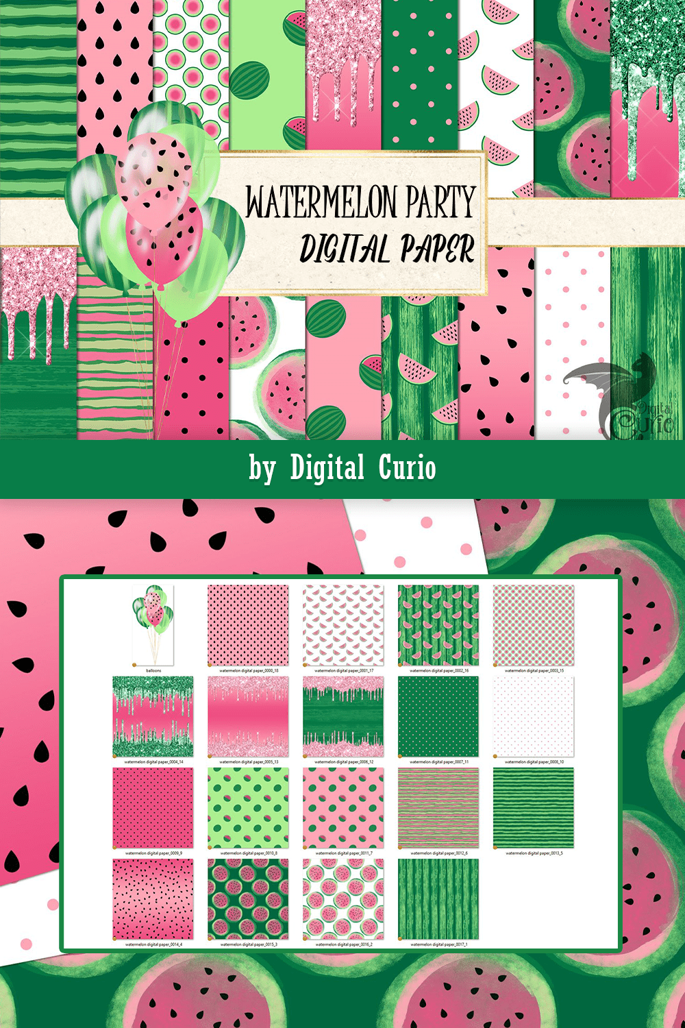 Watermelon party digital paper - pinterest image preview.