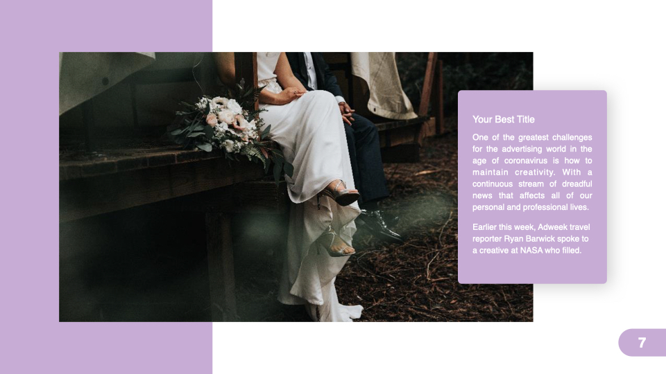 So stylish slide with a big wedding photo and a small text box.