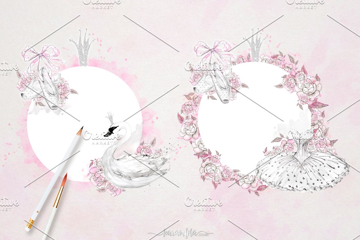 Two ooptions of the frames in a pink with swans, features and dresses.