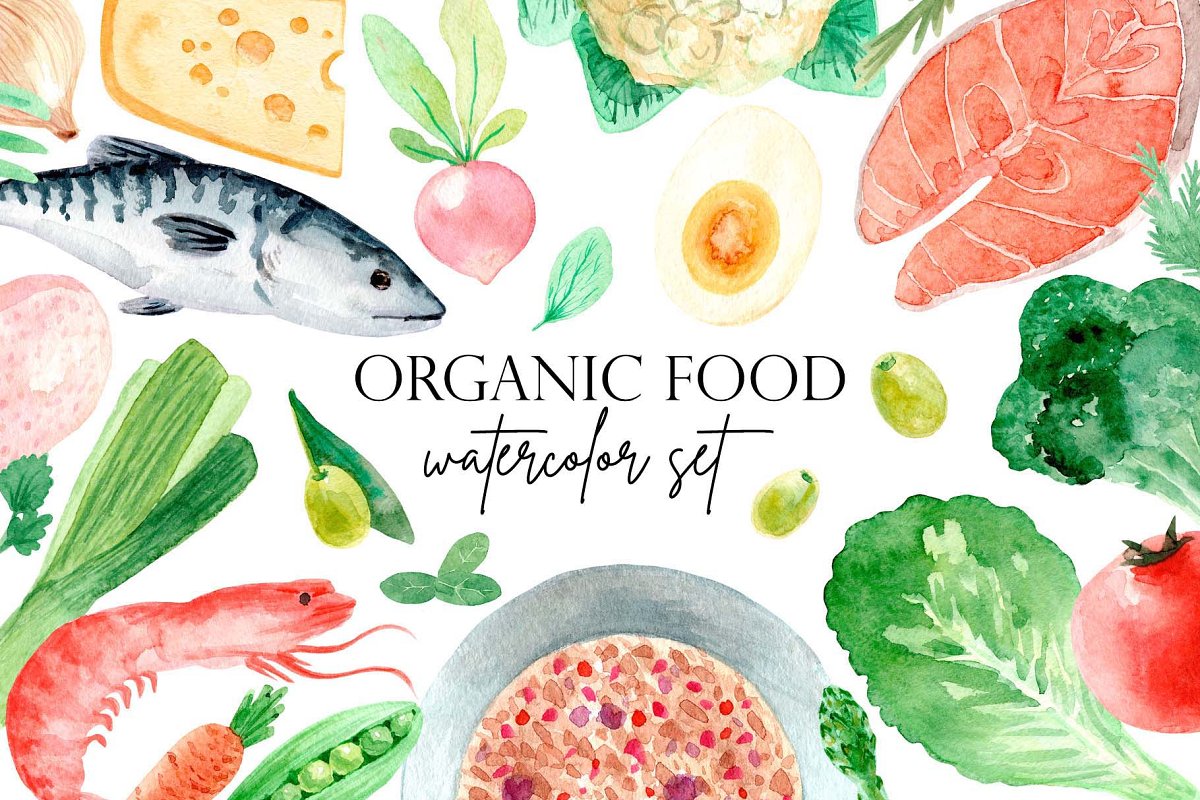 Cover image of Organic Food. Watercolor Clipart Set.