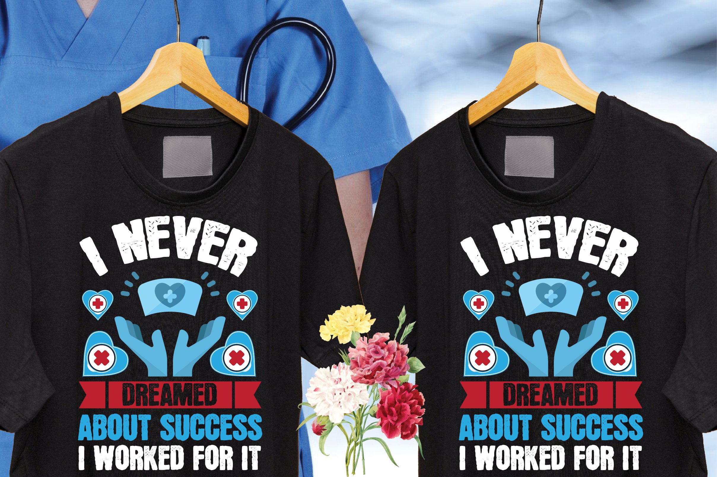 So cool nurse print on the dark t-shirts.