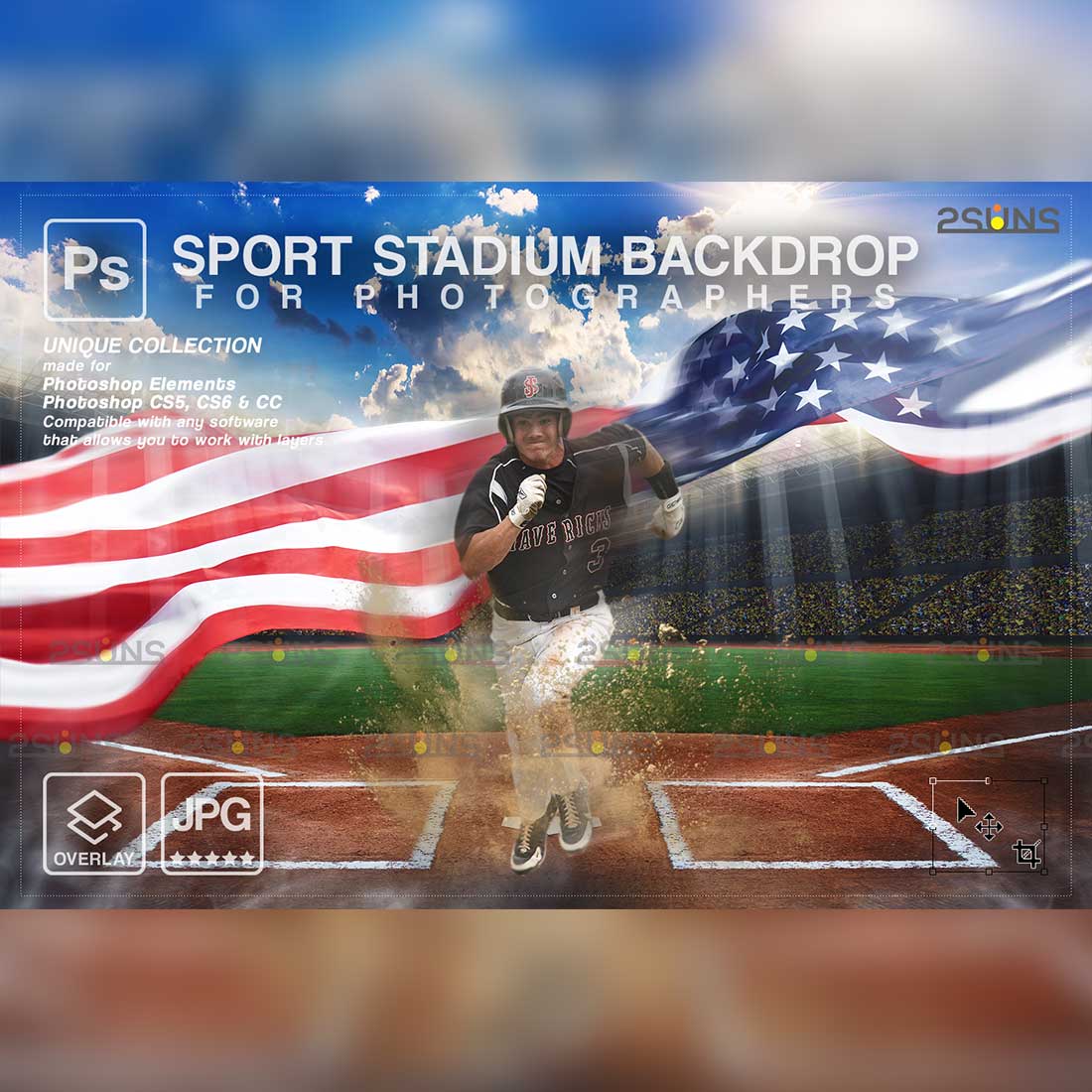 Baseball USA Backdrop Sports Digital Photoshop Overlay Cover Image.