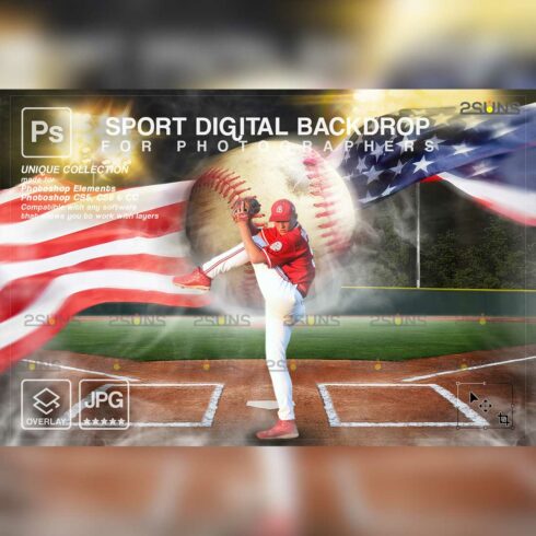 Baseball American Flag Backdrop Sports Digital Photoshop Overlay Cover Image.