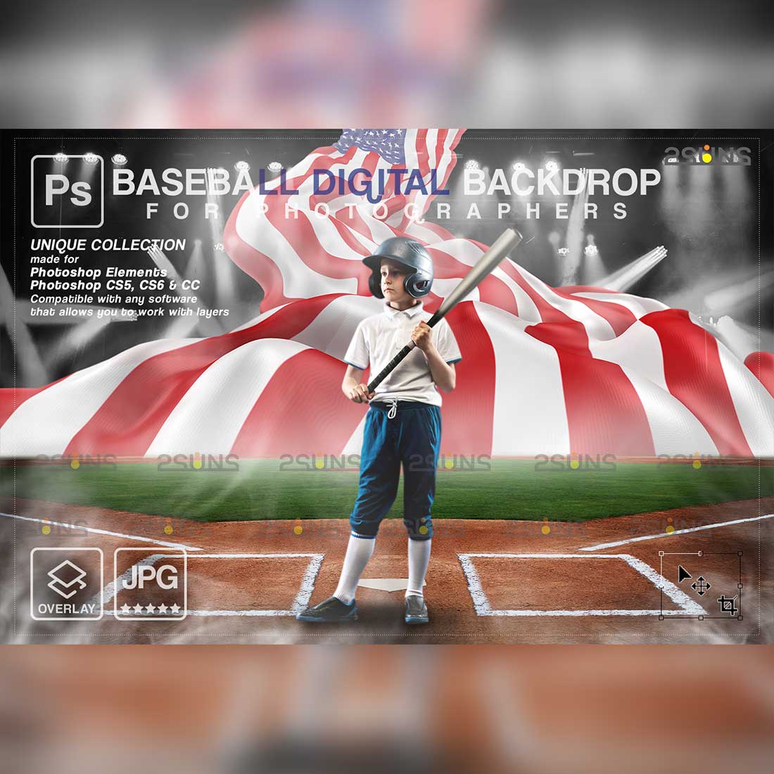 Baseball Backdrop American Flag Sports Digital Photoshop Overlay Cover Image.