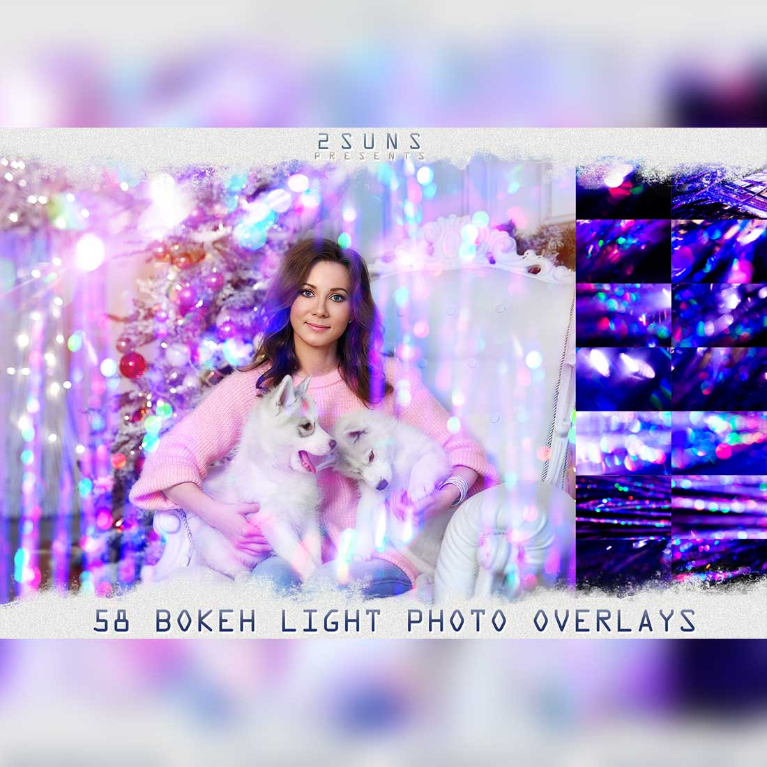 Purple Diamond Neon Christmas Bokeh Photoshop Overlays Preview Image.