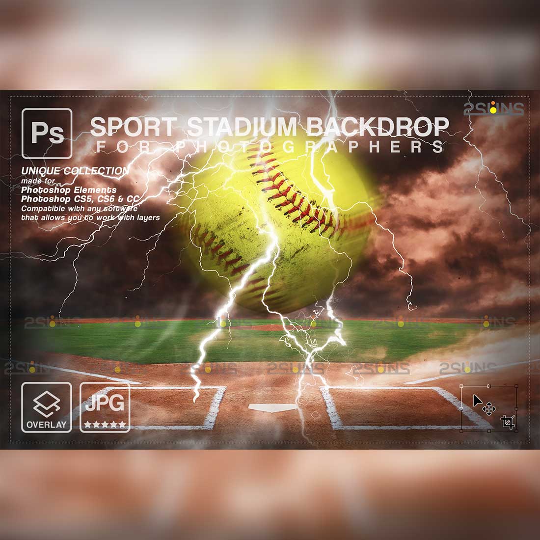 Modern Softball Backdrop Sports Digital Photoshop Overlay Preview Image.