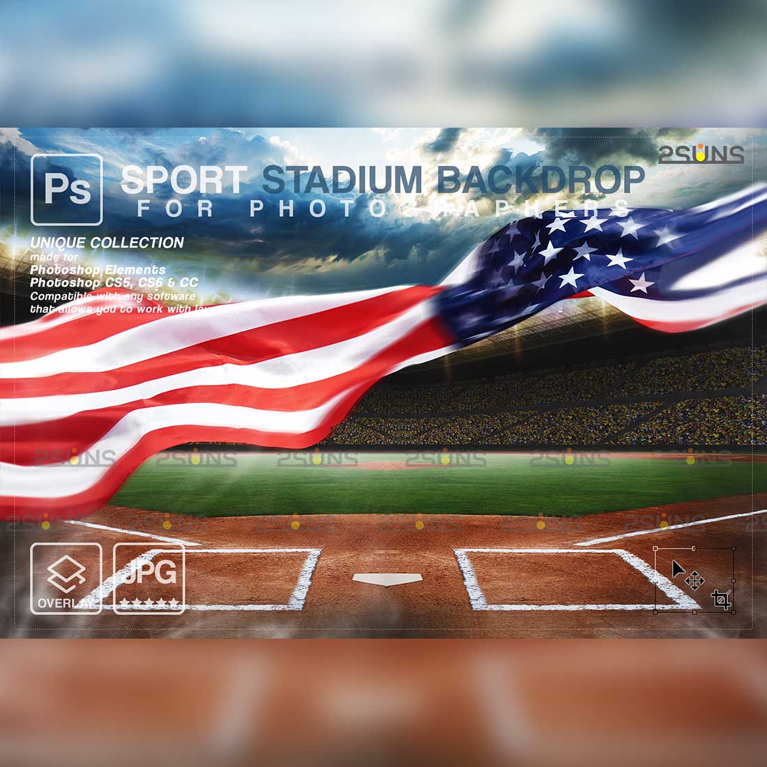USA Flag Baseball Backdrop Sports Digital Backdrop Preview Image.