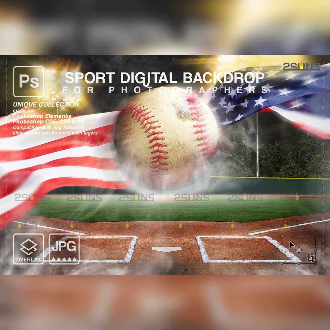 Baseball American Flag Backdrop Sports Digital Photoshop Overlay Preview Image.