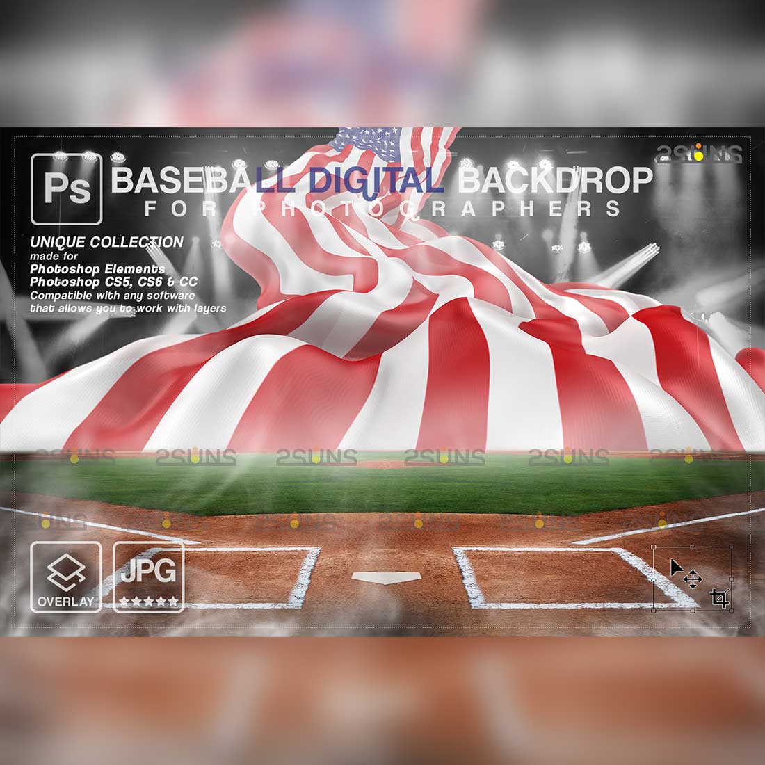 Baseball Backdrop American Flag Sports Digital Photoshop Overlay Preview Image.