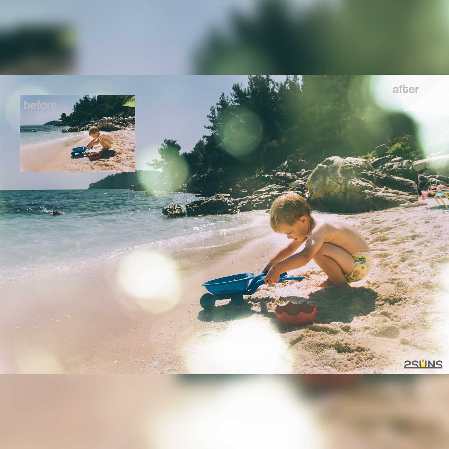 Lens Flare Sunlight Photoshop Overlay Boy On The Beach Example.