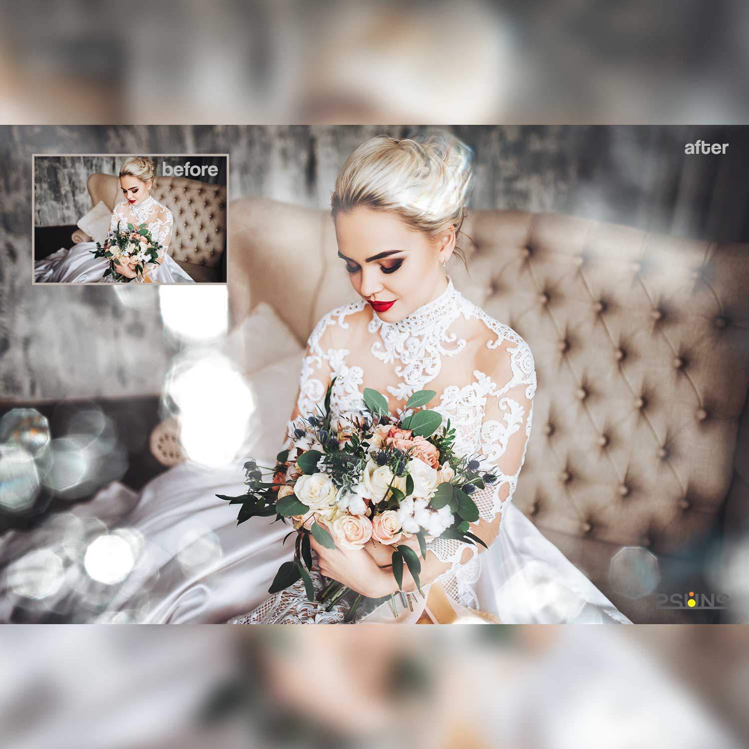 Christmas Neon Lens Bokeh Photoshop Overlays Bride Photo.