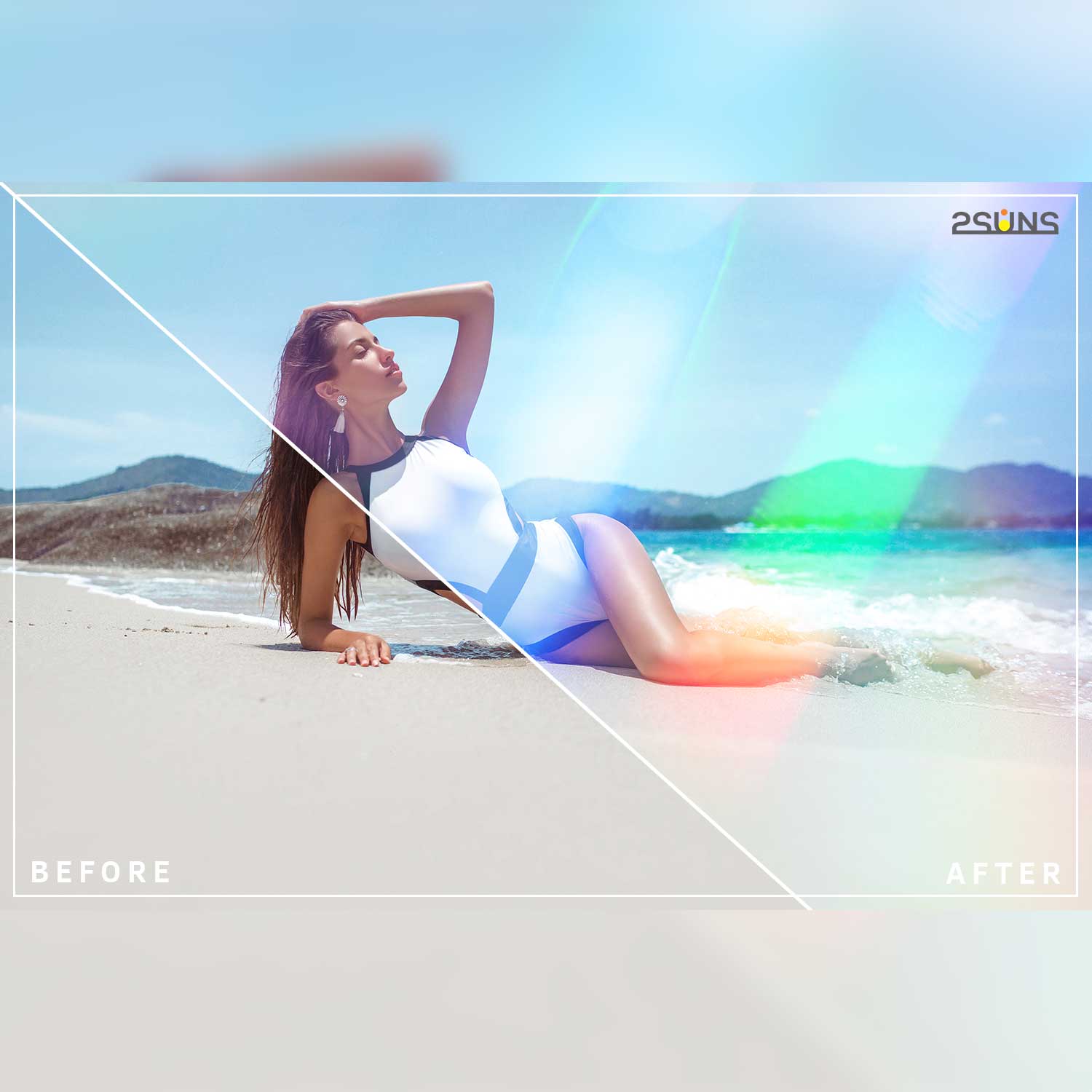 Bokeh Neon Holographic Photo Diamond Overlays Girl At The Beach.