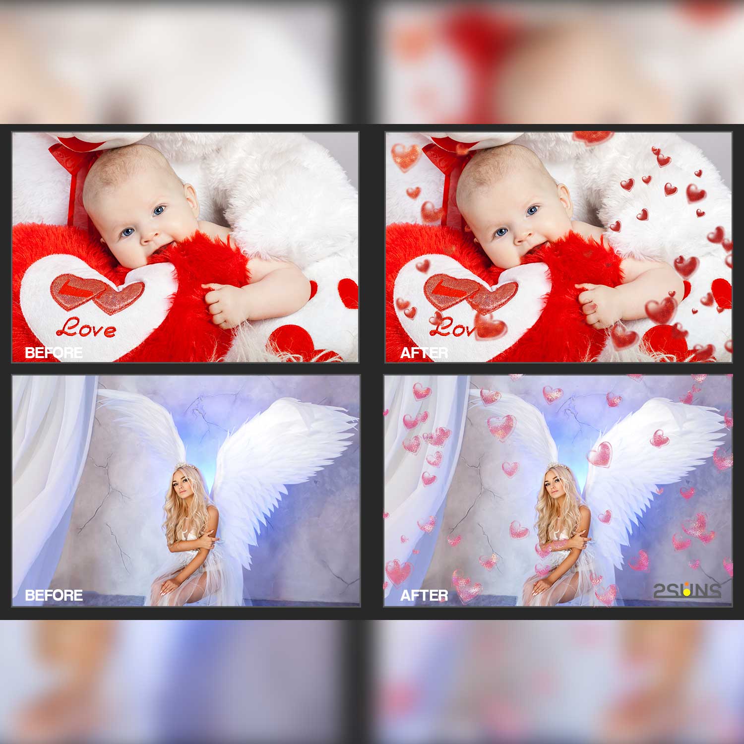 Valentine Bokeh Heart Border Photoshop Overlay Baby Photo Example.