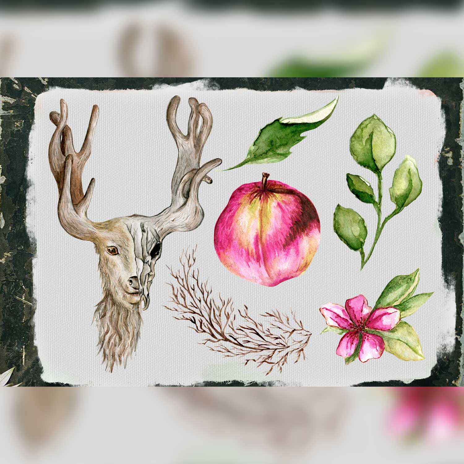 Halloween Gothic Deer Watercolor Digital Illustration.