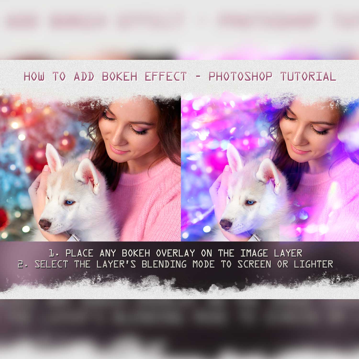 Purple Diamond Neon Christmas Bokeh Photoshop Overlays Girl With Dog Photo.