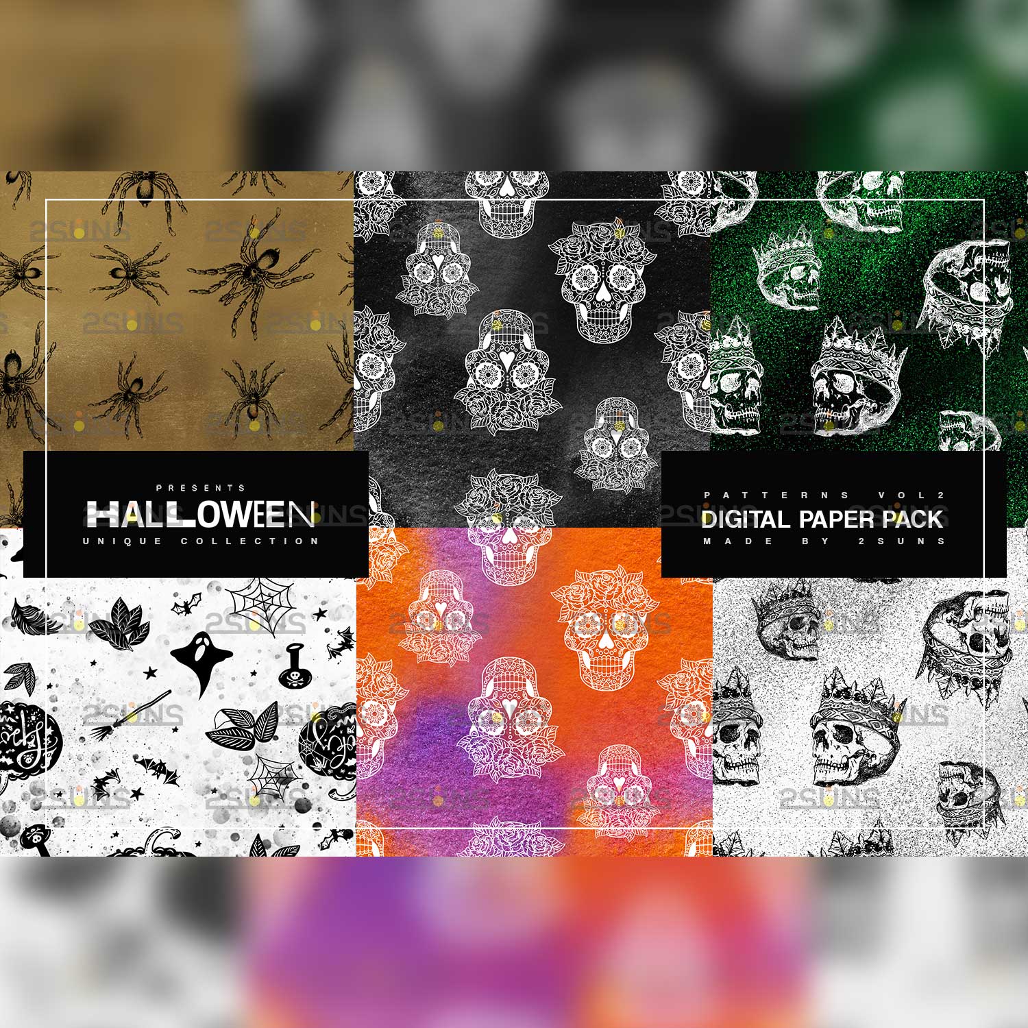 Halloween Horror Scrapbook Paper Seamless Pattern Variants Example.