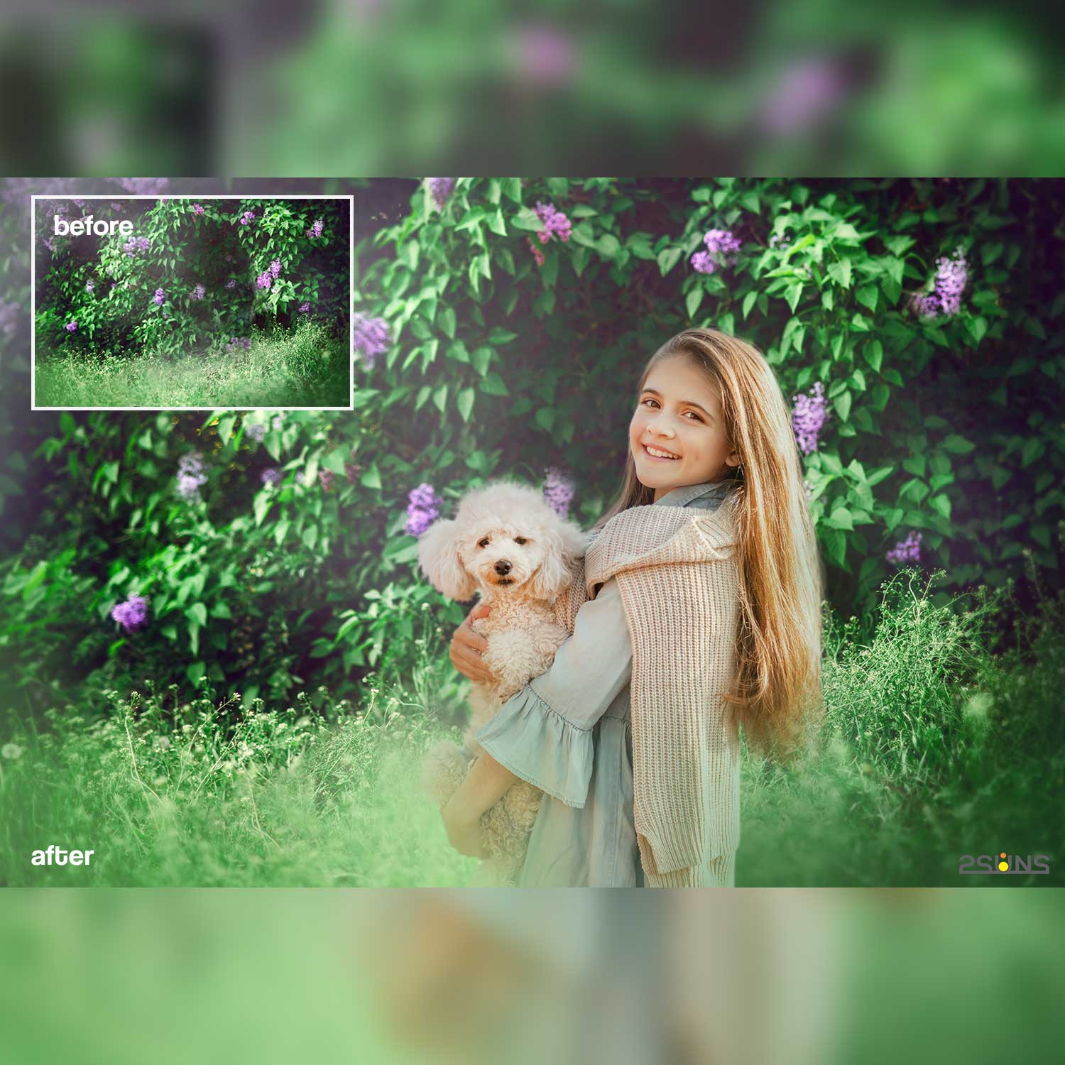 Digital Floral Backdrop Overlay Girl With Dog Portrait Example.
