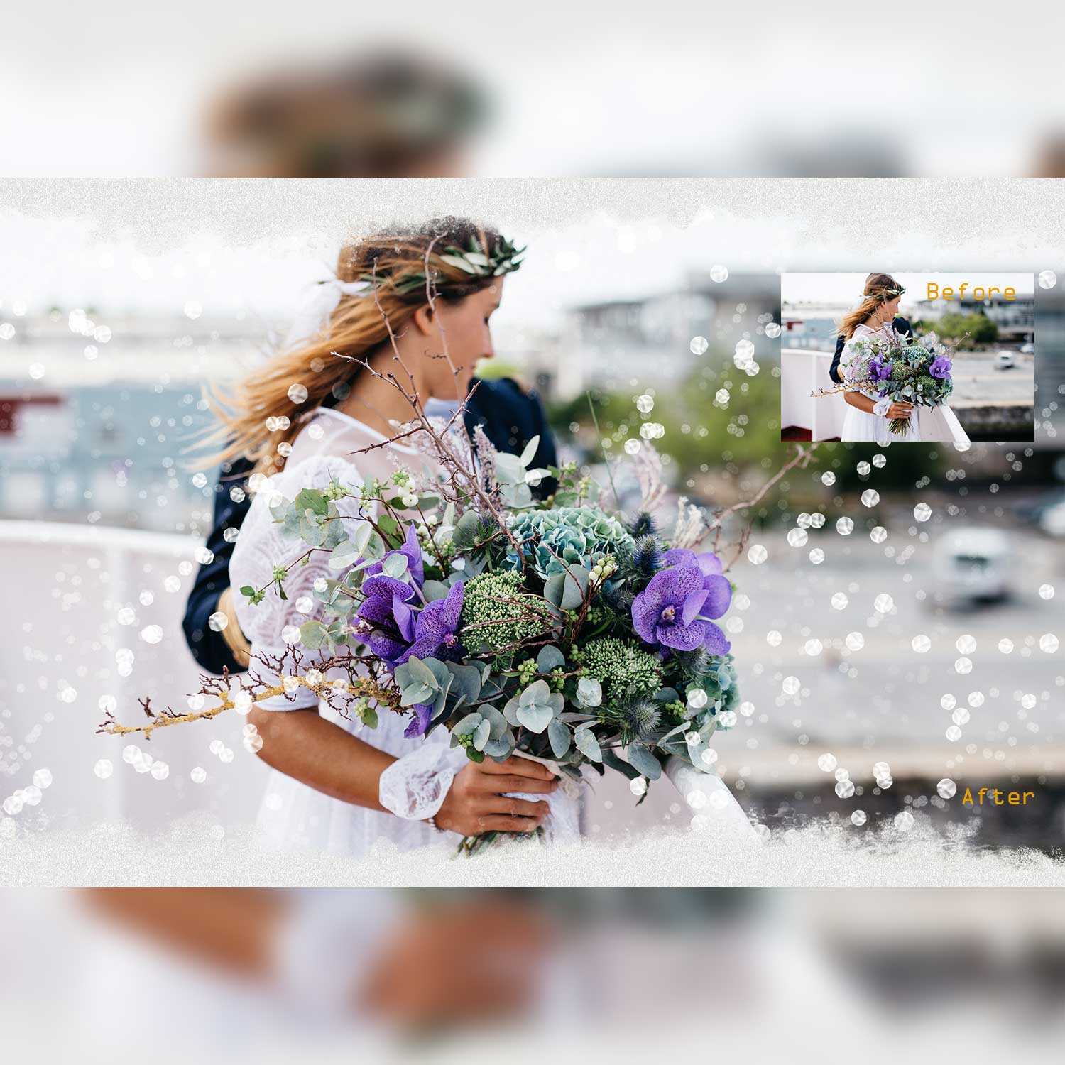 Christmas String Lights Bokeh Photoshop Overlay Bride With Flowers Photo.
