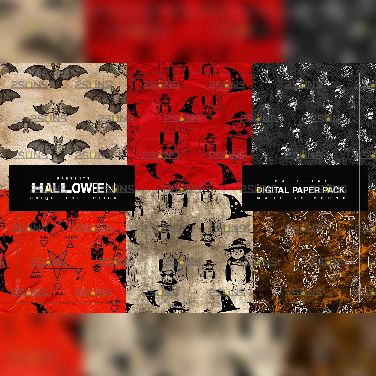 Gothic Halloween Digital Paper Seamless Patterns Print Examples.