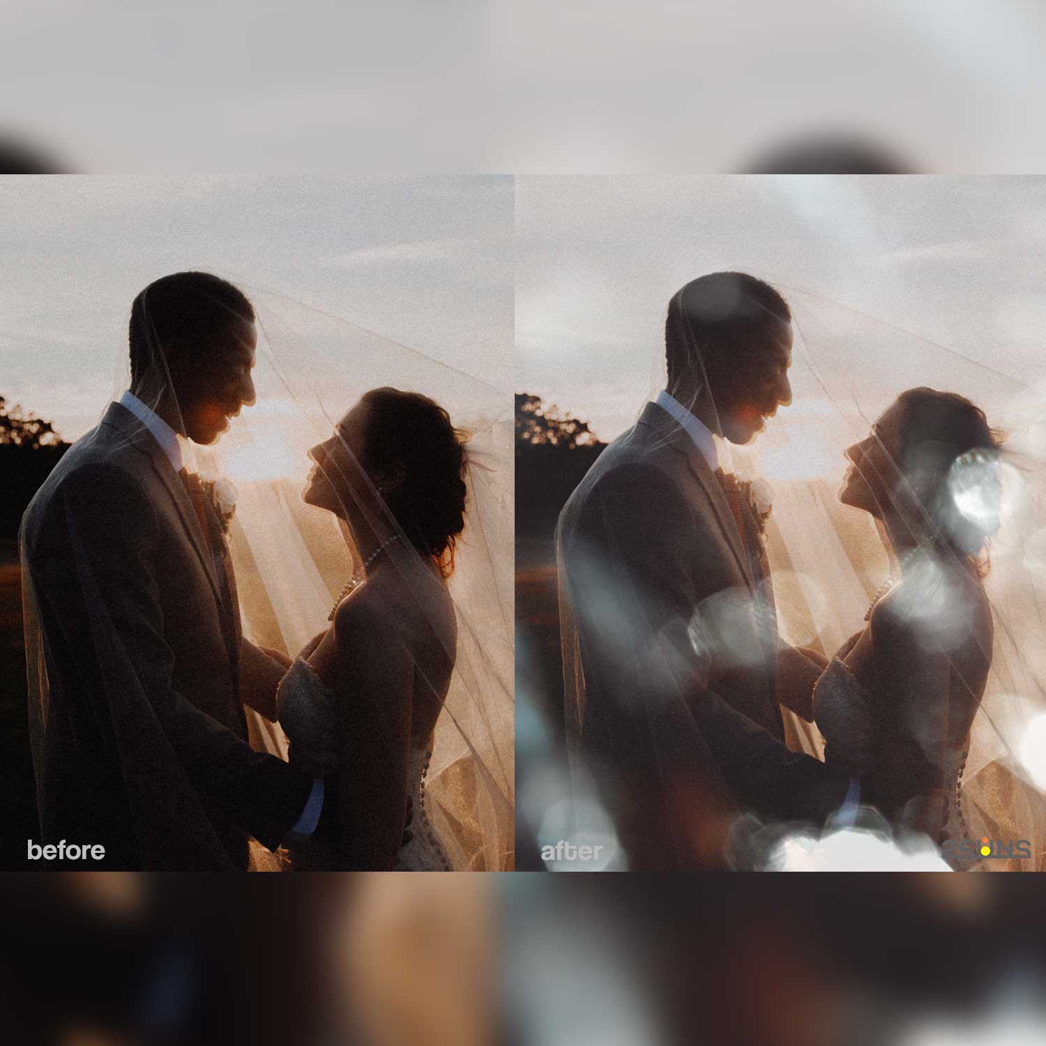 Christmas Neon Lens Bokeh Photoshop Overlays Wedding Photo Example.