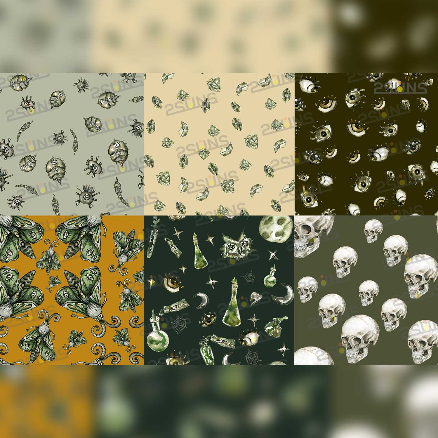 Halloween Gothic Watercolor Digital Illustration Pattern examples.