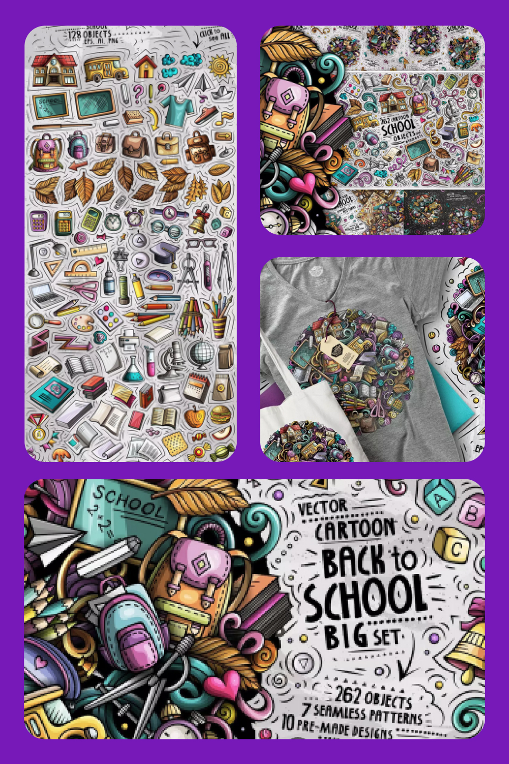 Collage of hand-drawn colorful elements on the theme of the school.