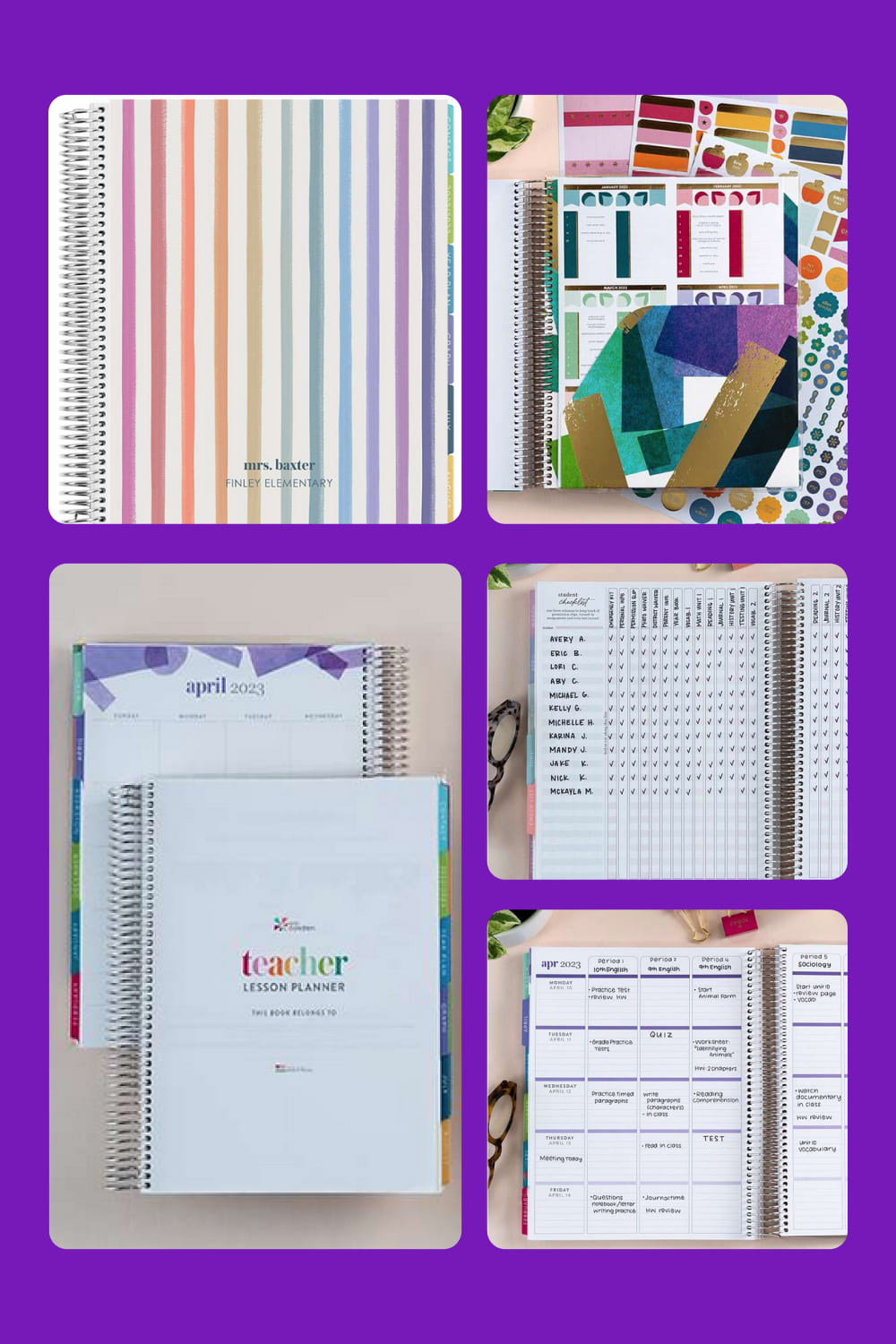 Collage with watercolor stripes lesson planners.