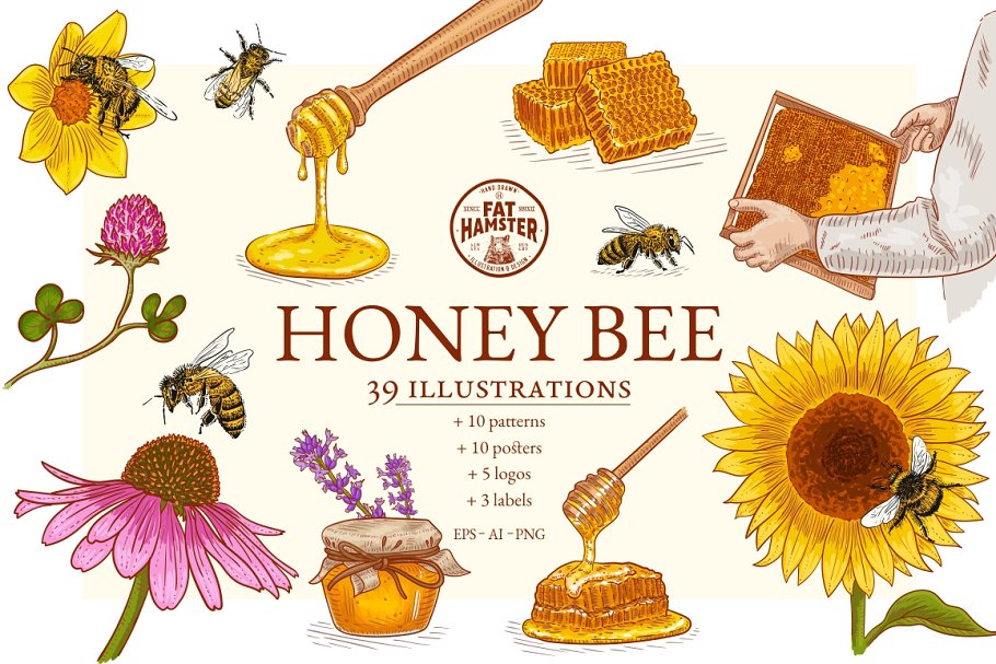 Cover image of Honey Bee illustration pattern logo.