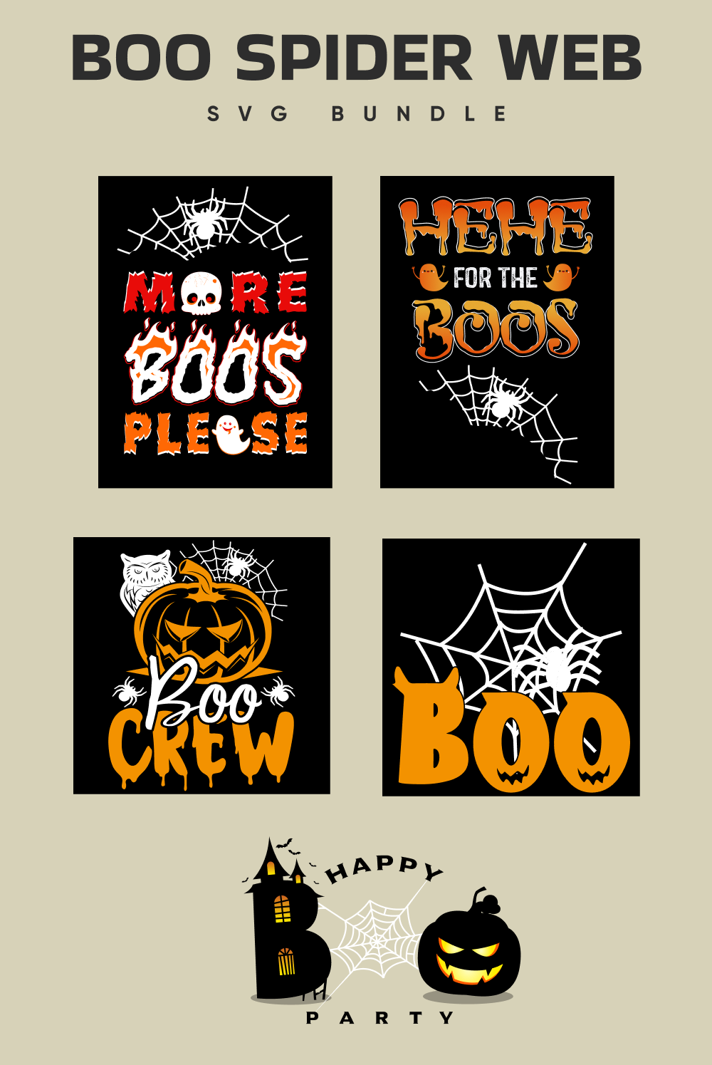 Set of four halloween cards with the words boo spider web.