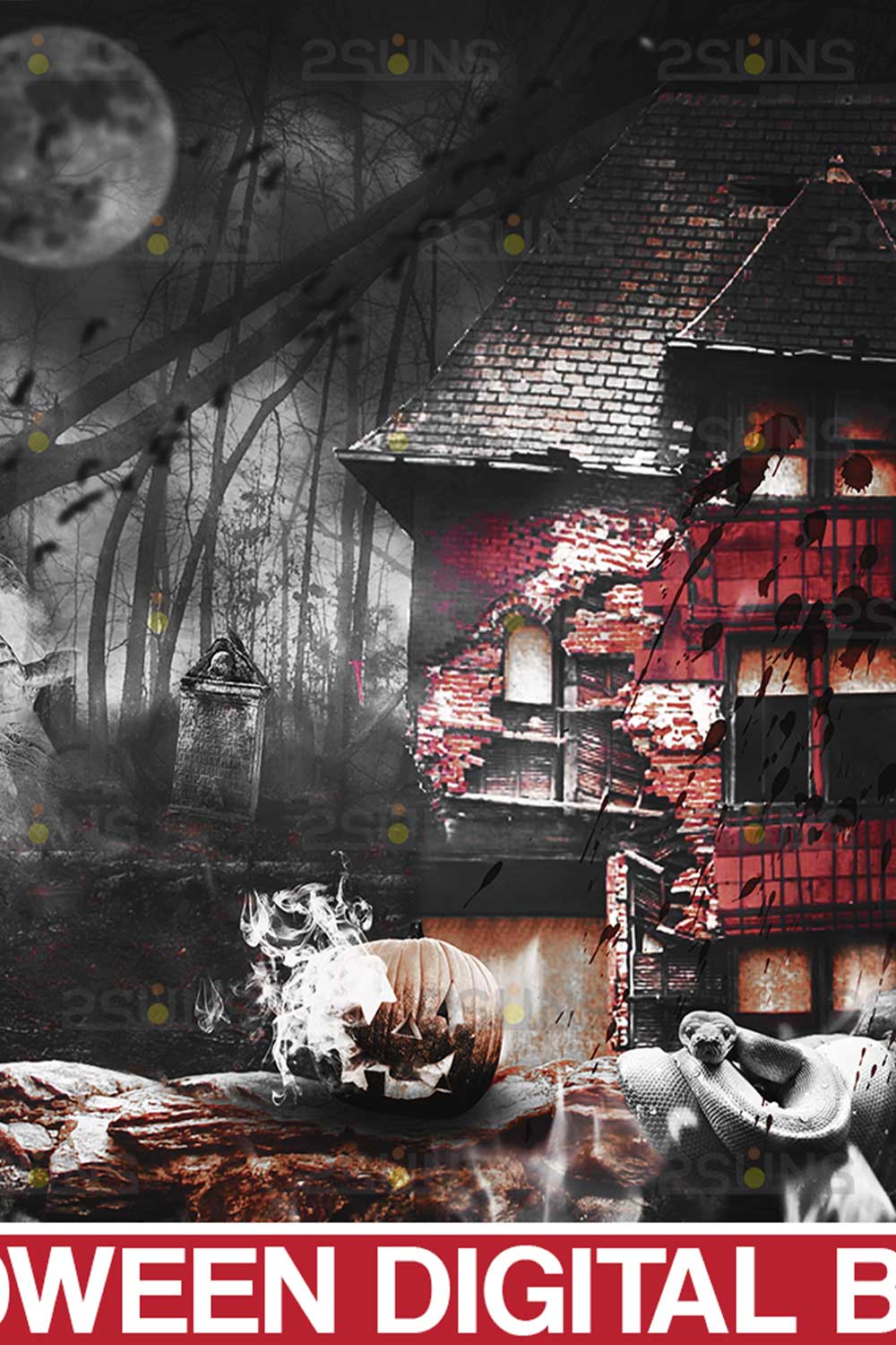 Scary Halloween Backdrop background Pinterest Image.