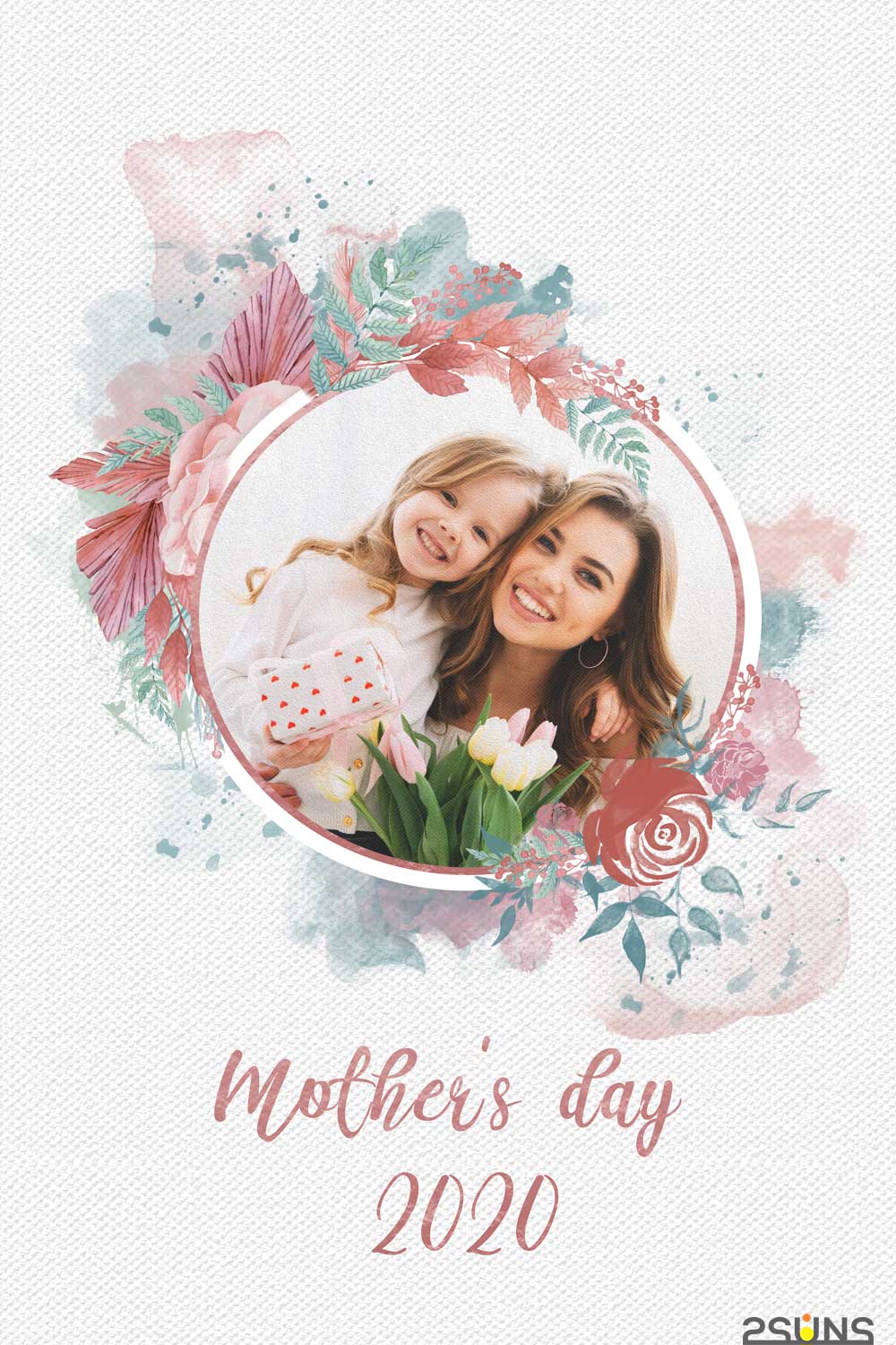 Mothers Day Watercolor Flowers Overlay Template Pinterest Image.