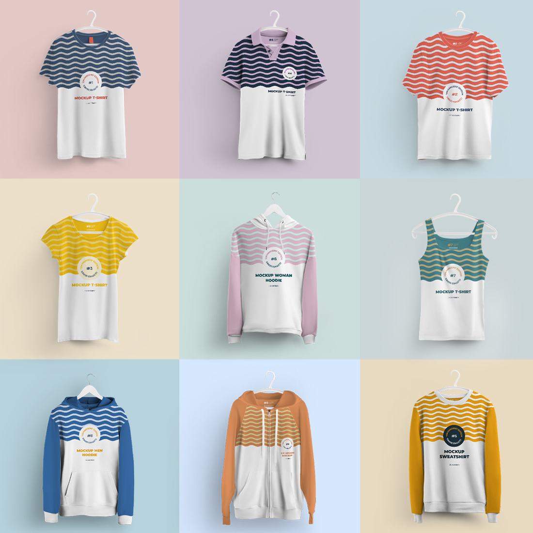 Bundle of Mockups of Different Clothes on Different Hangers previews.