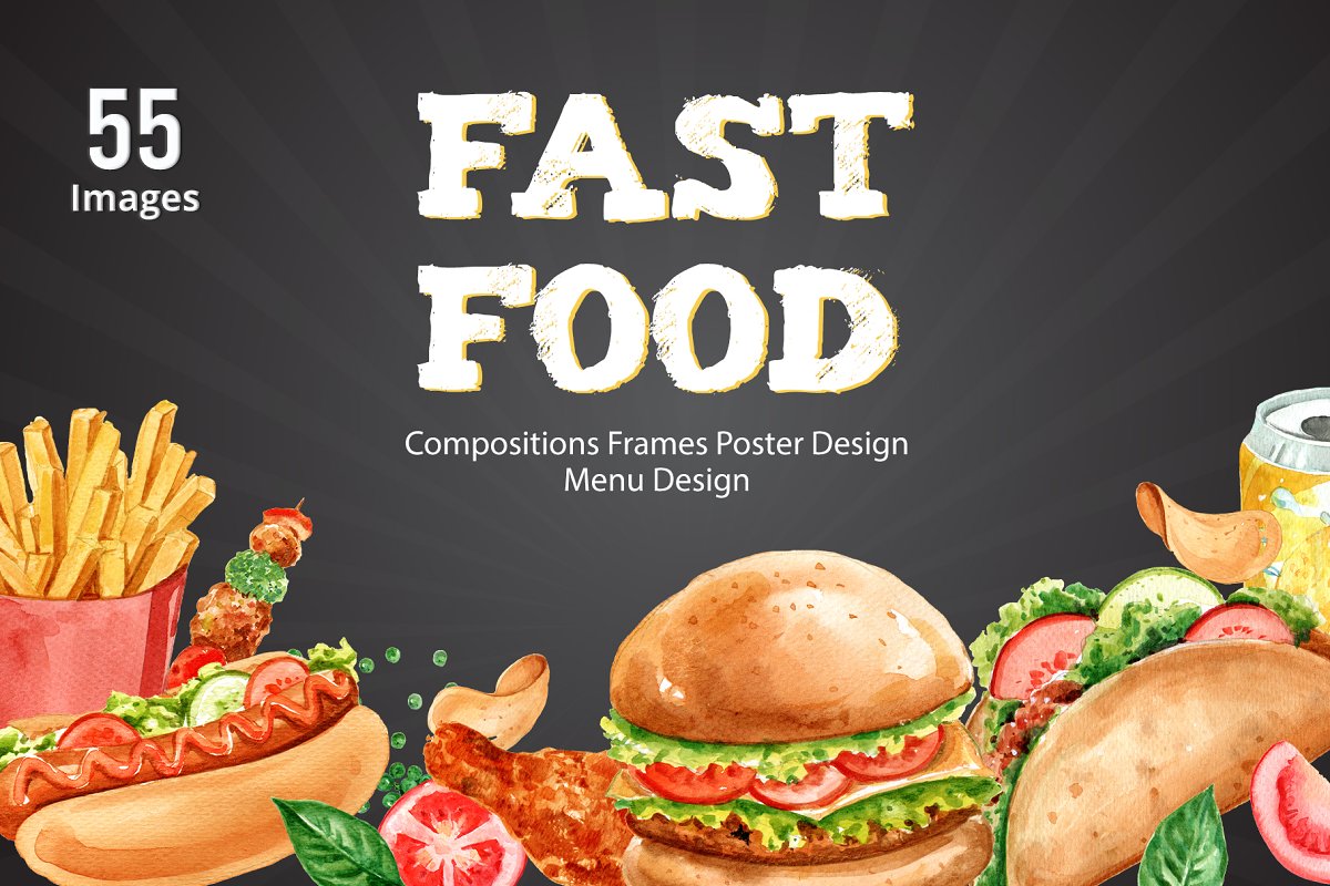 Cover image of Fastfood Watercolor Illustration set.