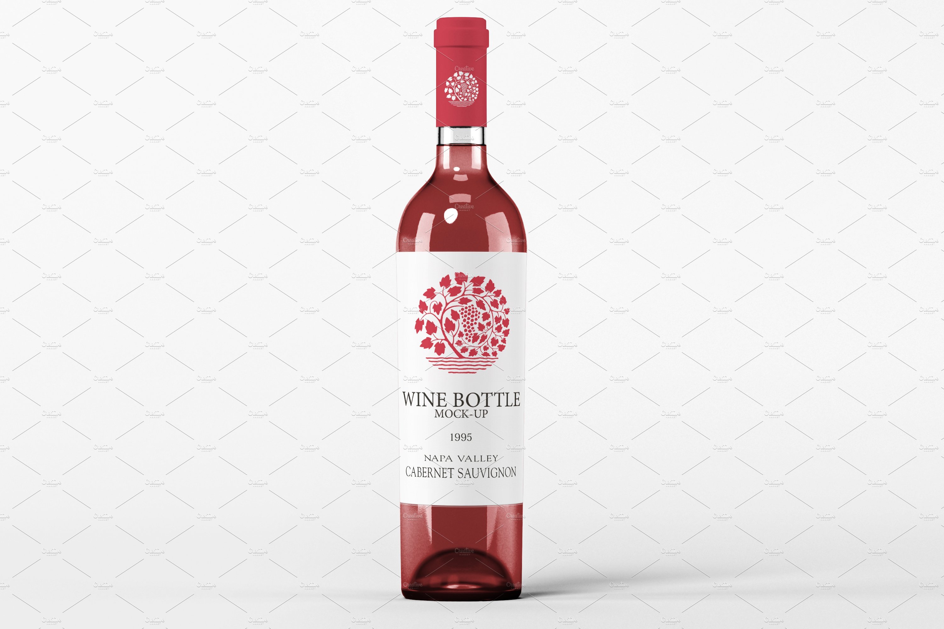 White label with red flower on a bottle.