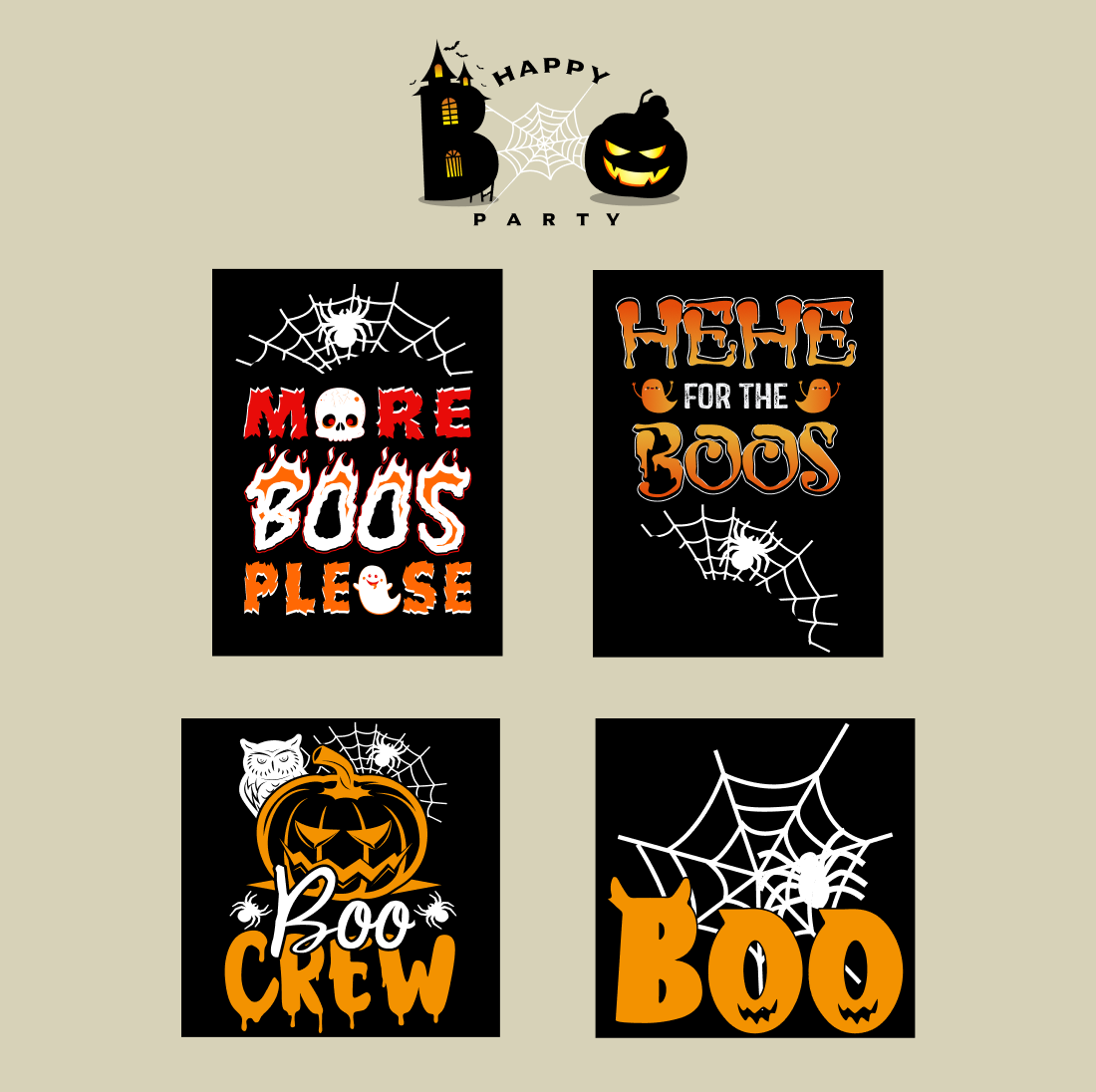 Set of four halloween cards with pumpkins and spider webs.