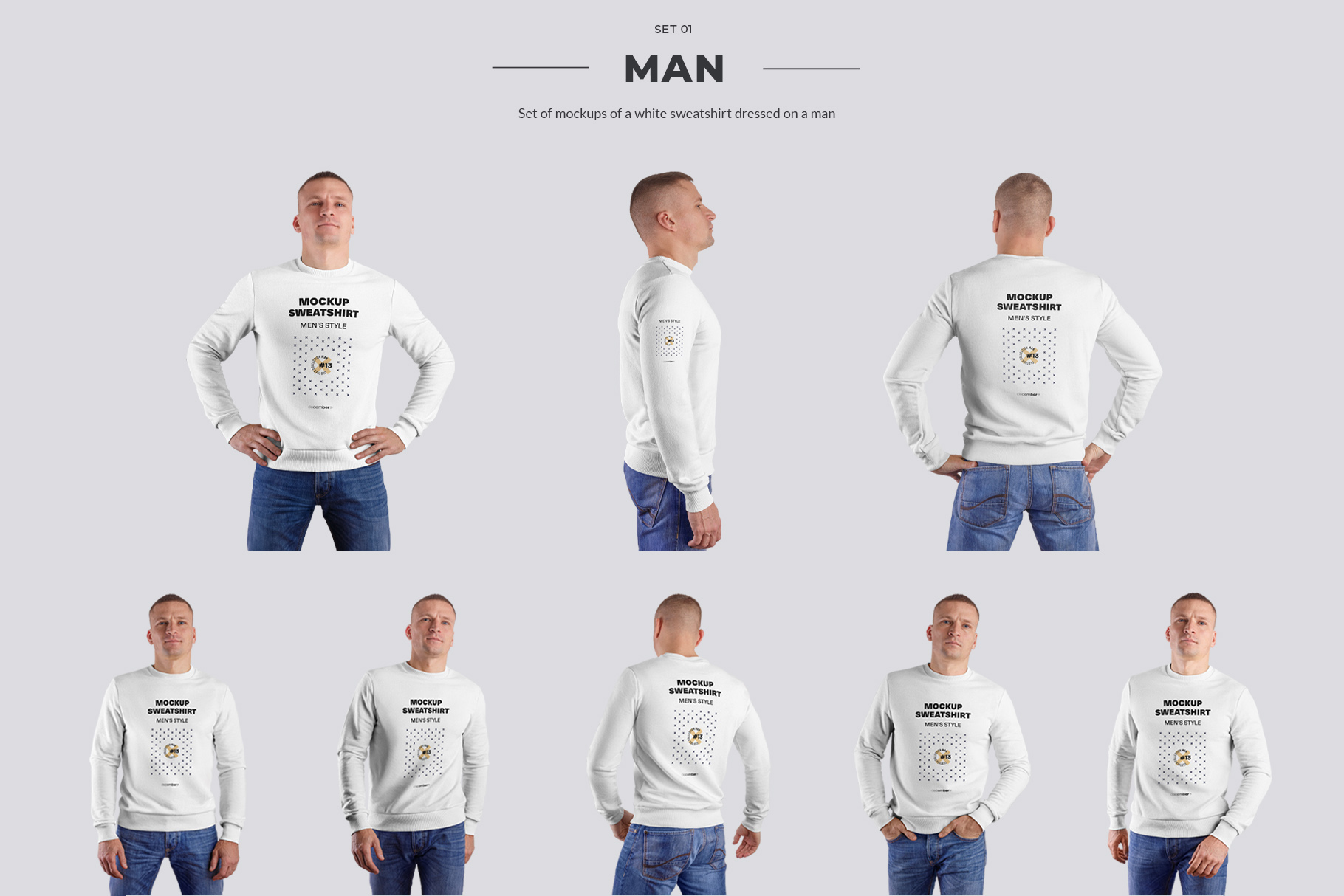 24 Mockup Men Sweatshirt On The Man 3D Style And Isolated Objects Man Model Example.