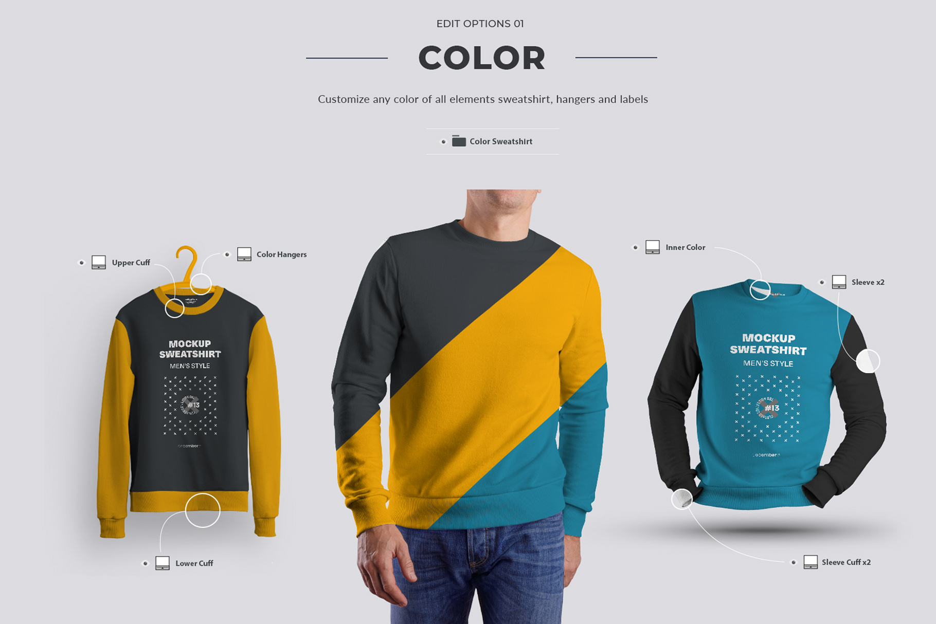 24 Mockup Men Sweatshirt On The Man 3D Style And Isolated Objects Color Example.