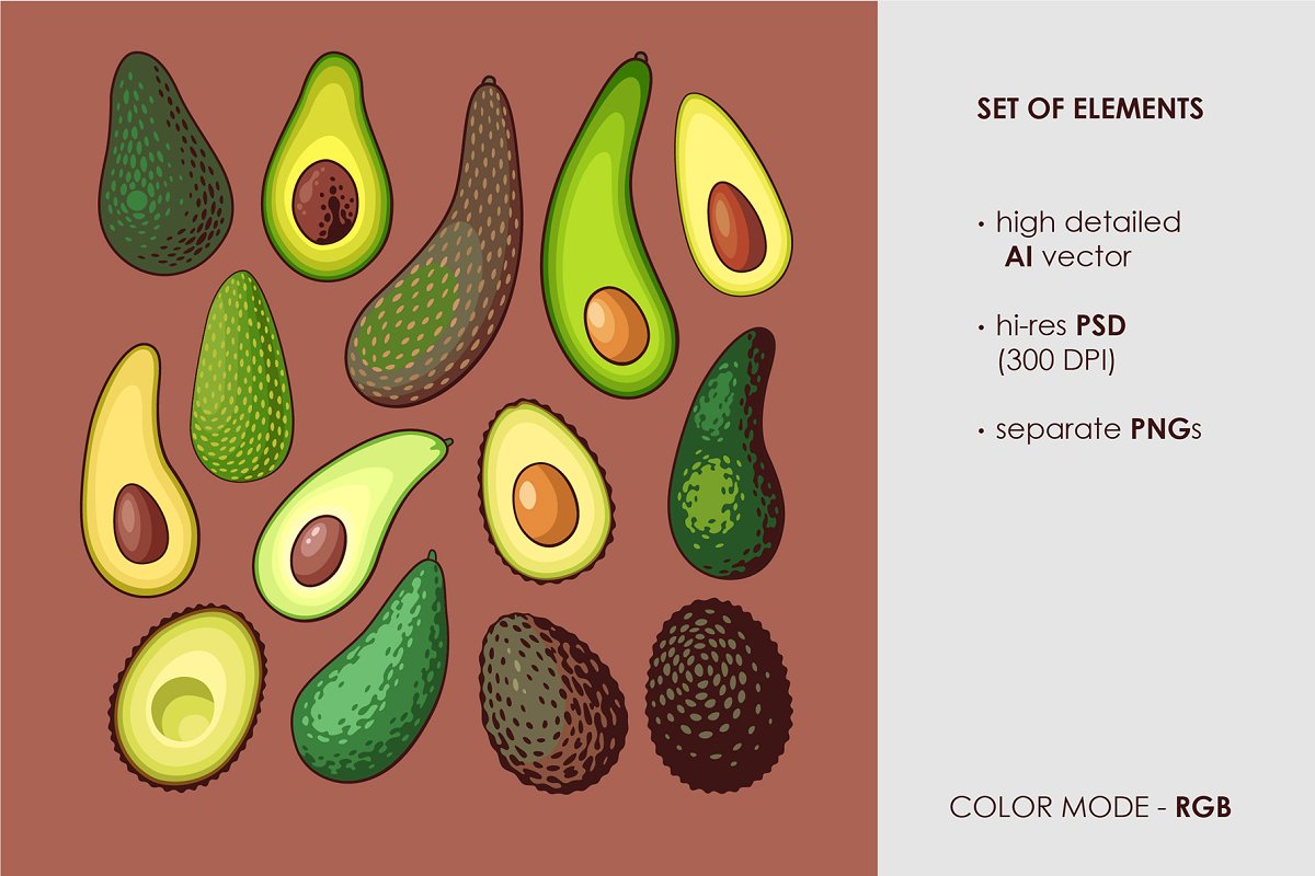 Great set of avocado elements.