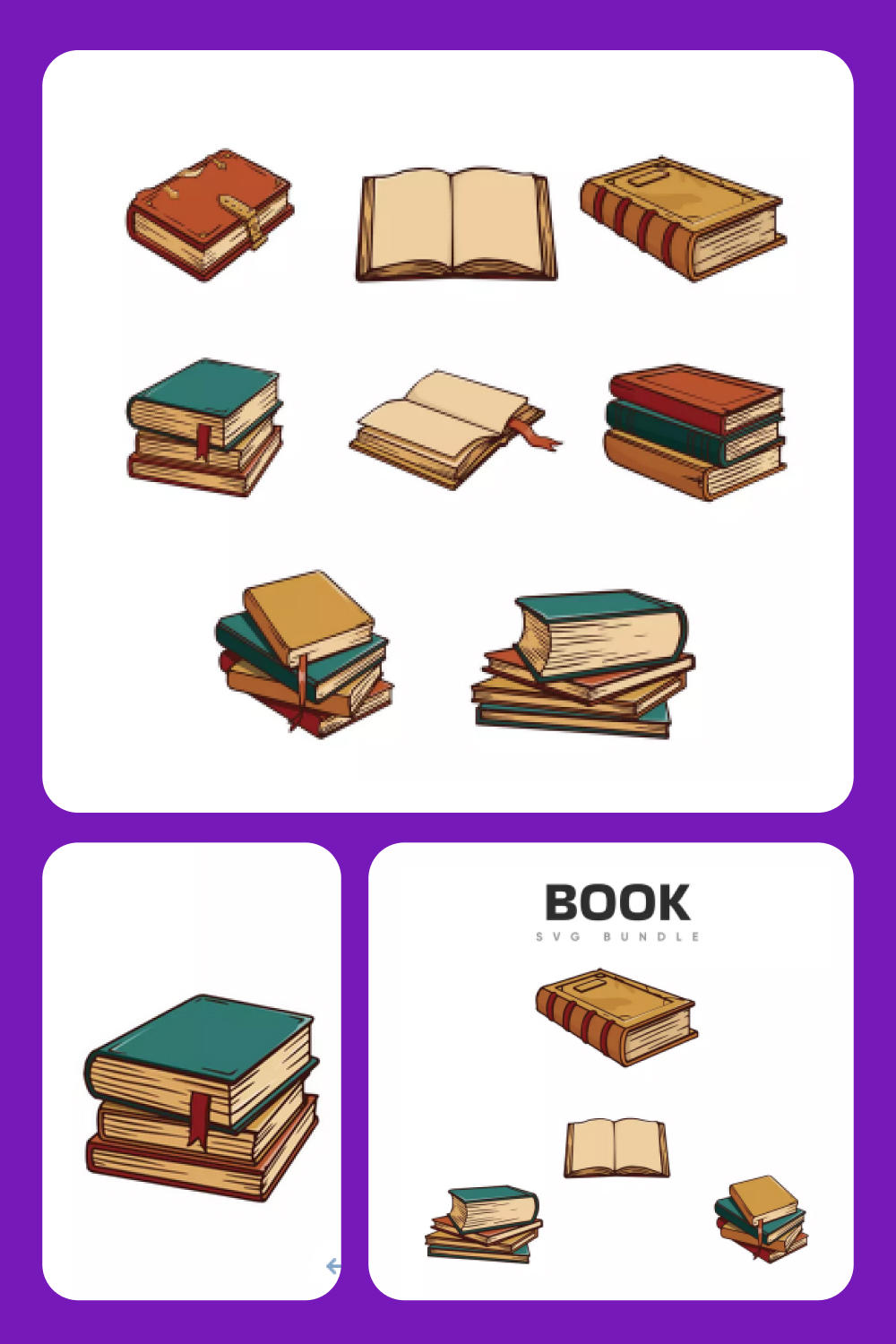 Collage of drawn images of open and closed books.