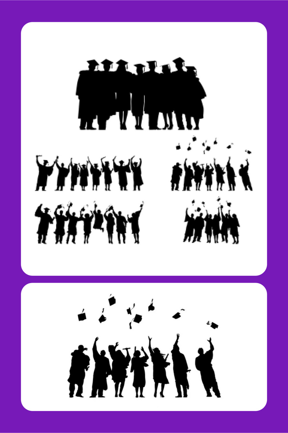 Collage of black and white silhouettes of students on graduation day.