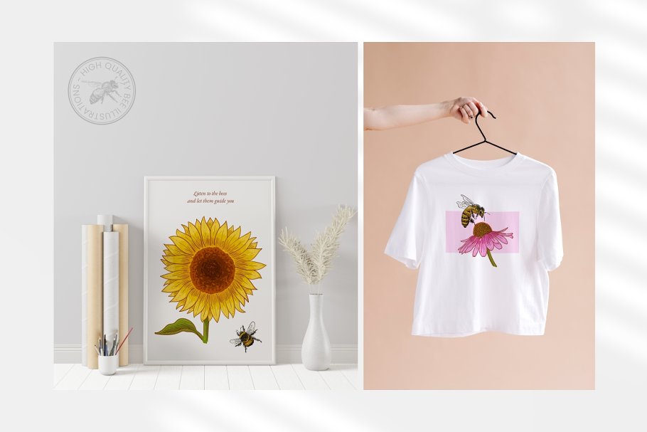 Honey bee flower sunflower illustrations for poster, flyer, apparel design.