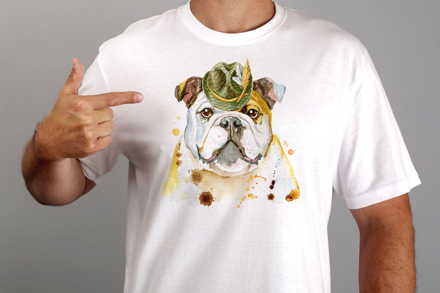 Man wearing a t - shirt with a picture of a dog on it.