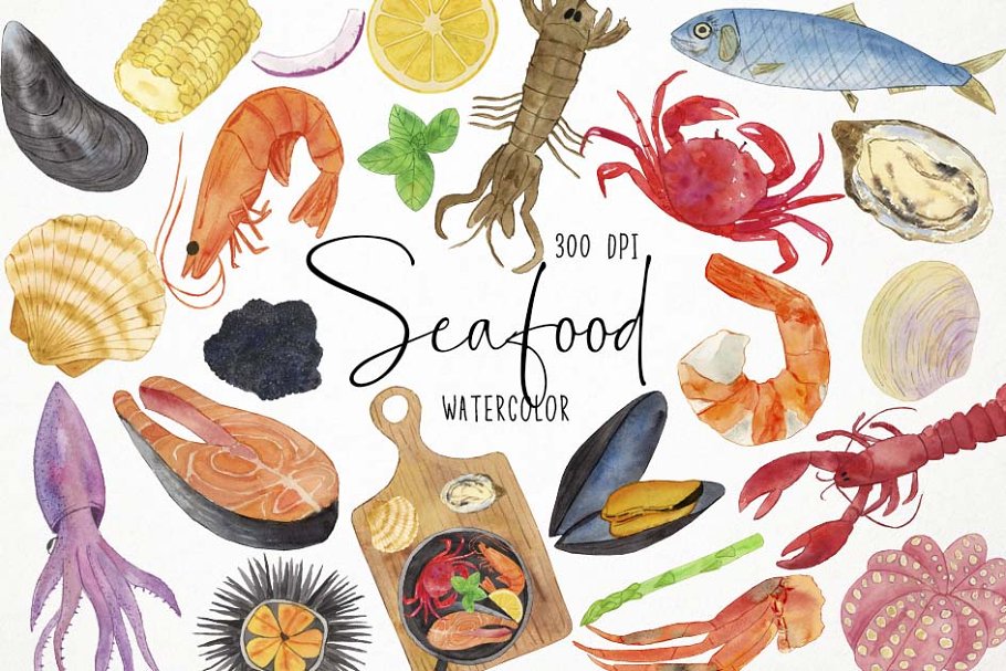 Cover image of Watercolor Seafood Clipart.