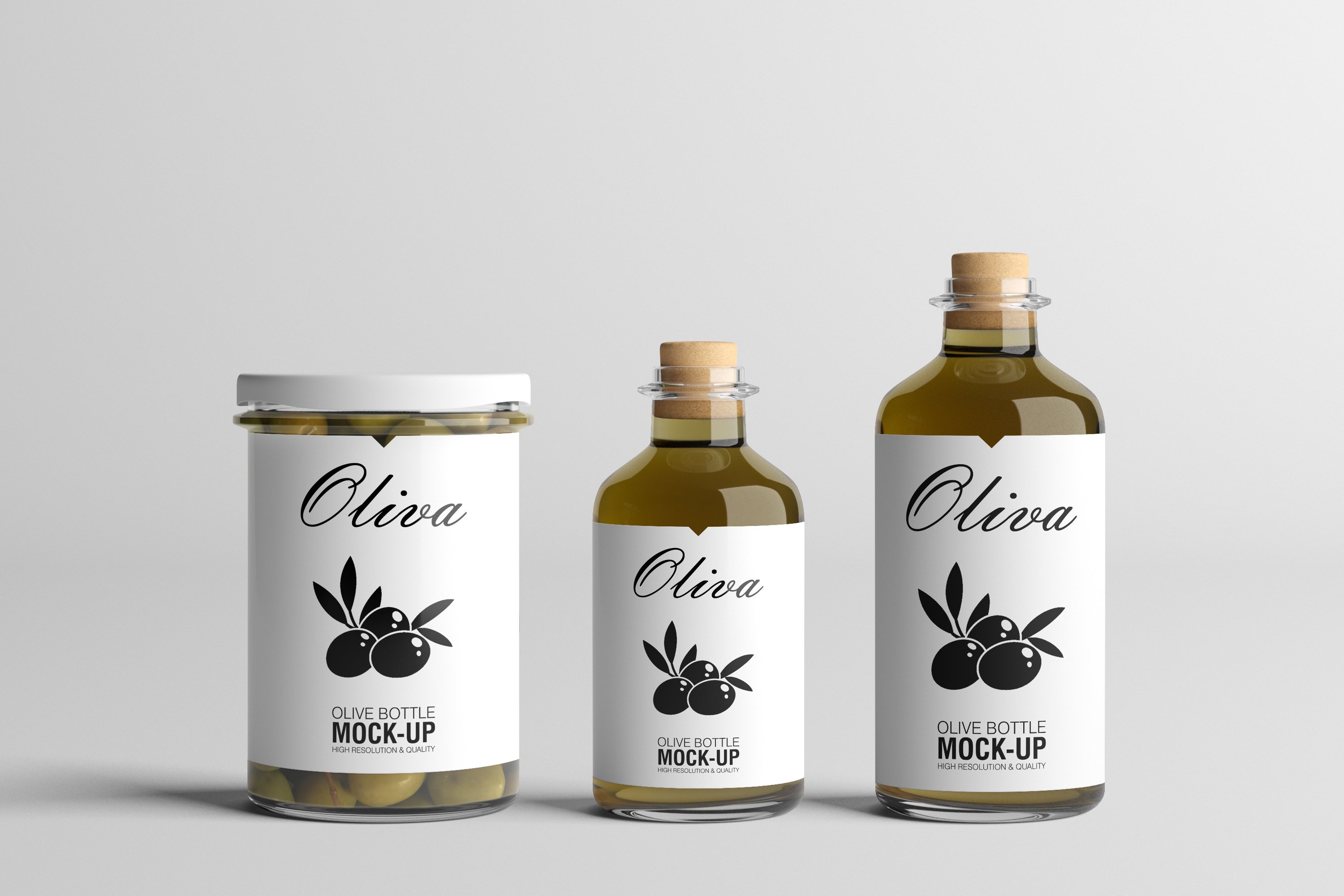 Three options of bottle for olive oil with thematic labels.