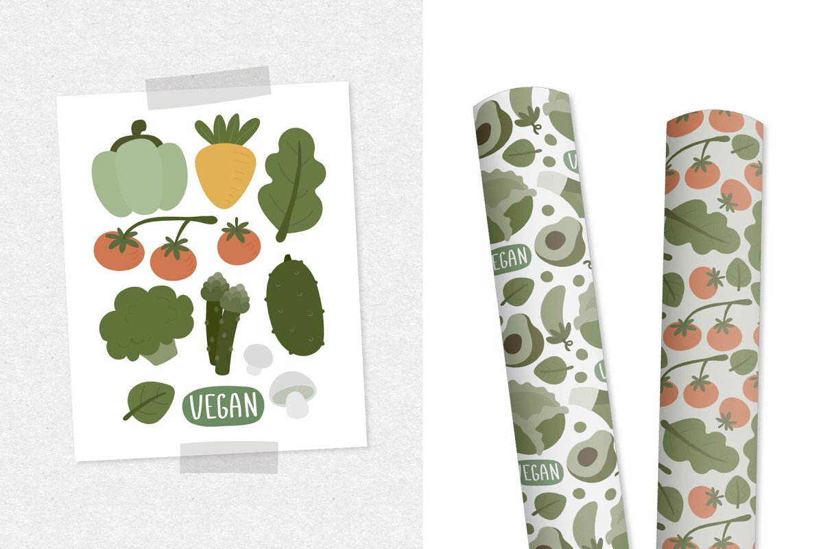 Illustration & patterns with vegan products.
