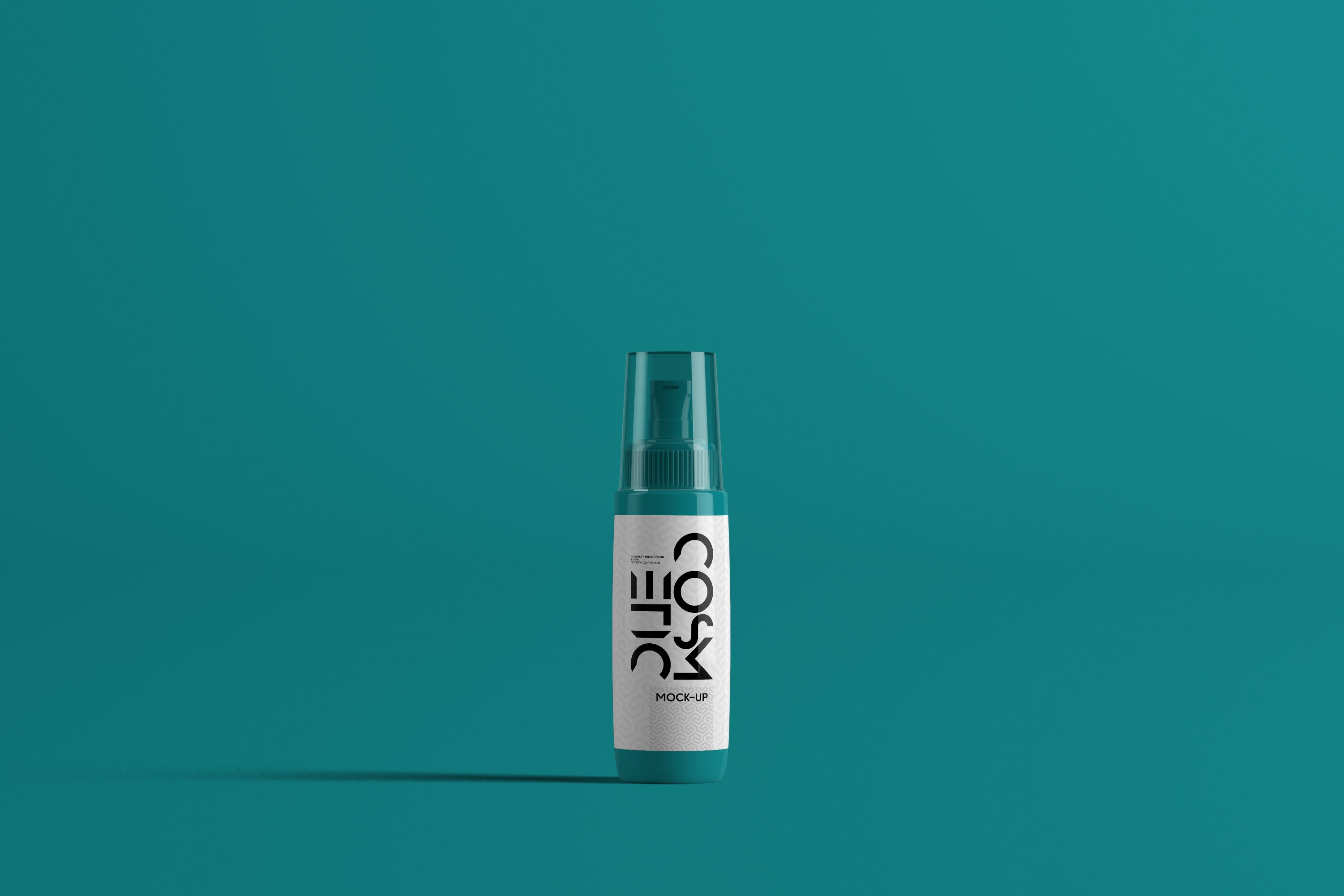 Turquoise background with a small bottle.