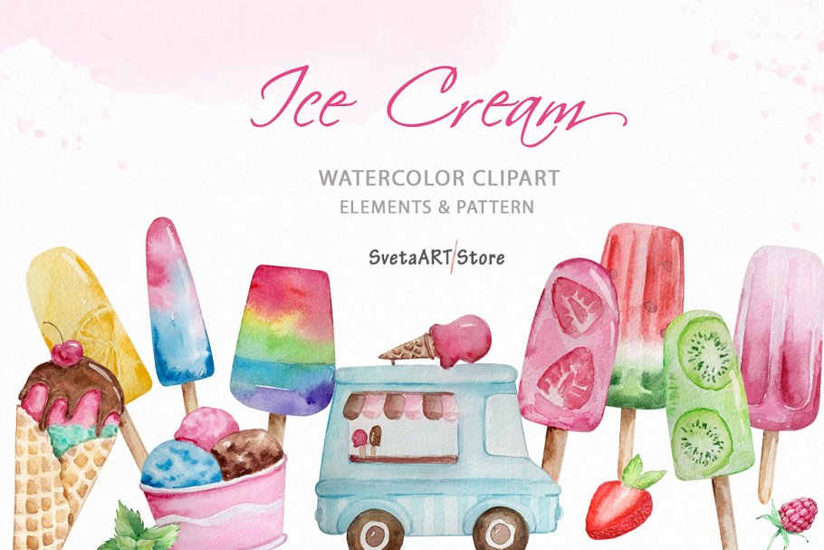 Cover image of Watercolor Ice Cream Clipart.
