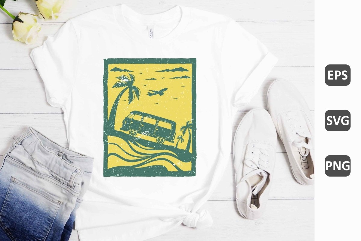White t-shirt with car and palm.