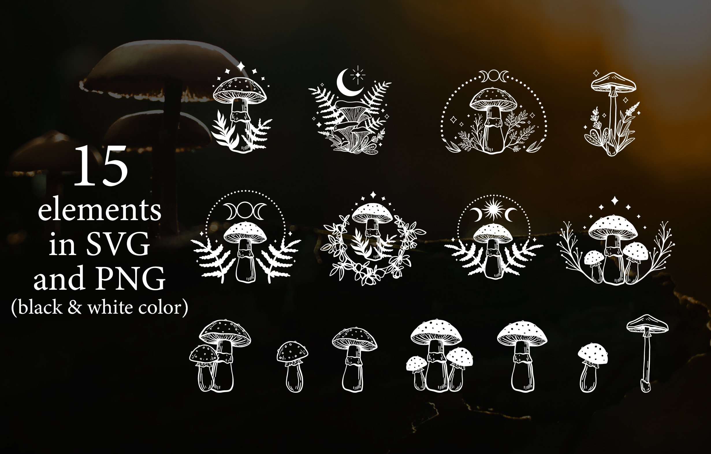 Editable elements for magic mushroom illustration.