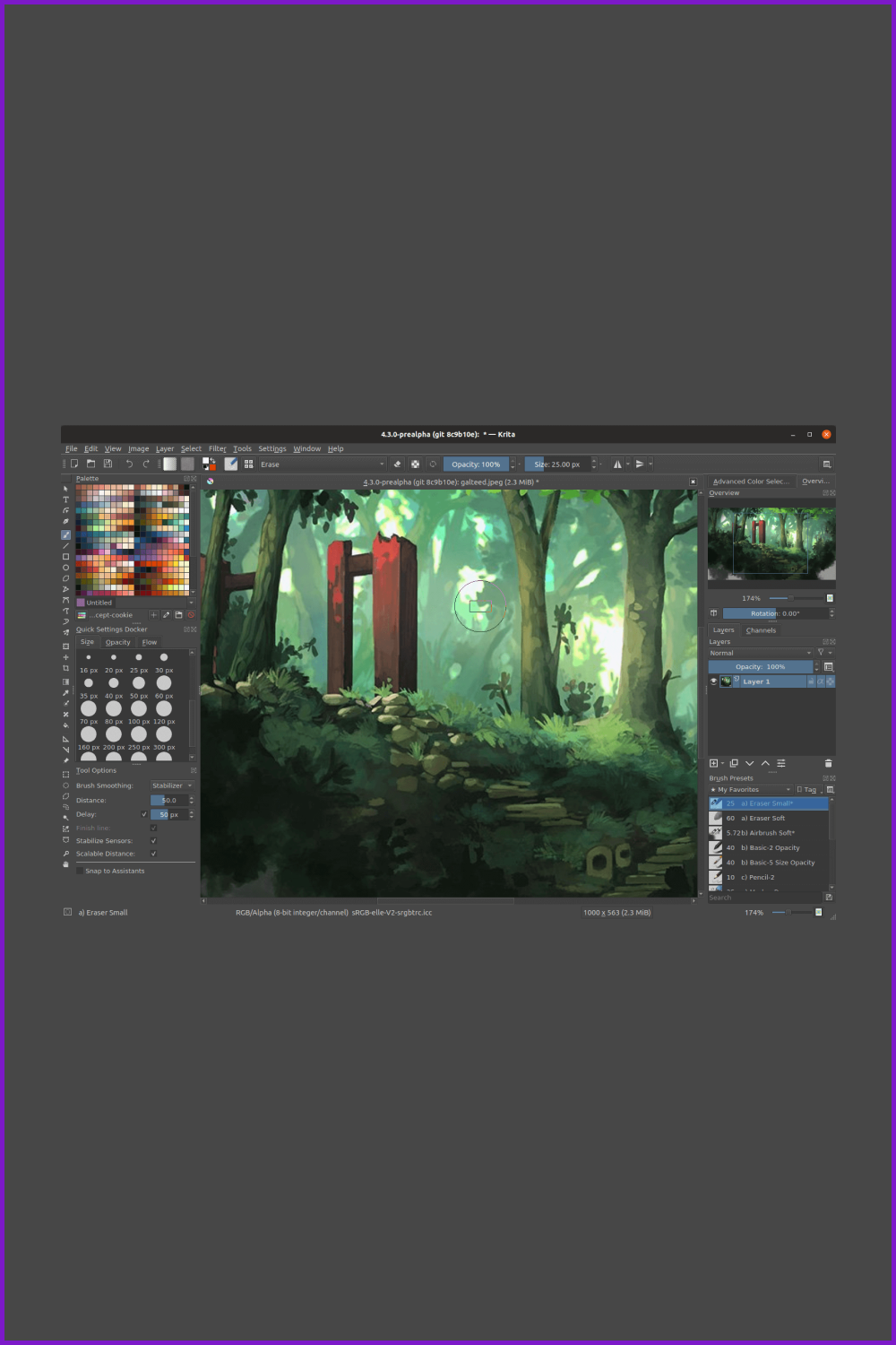Krita program desktop with forest sketch.